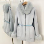 OFTBUY New Autumn Winter Belt Woolen Clothes Women Real Fox Fur Cuffs and Collar 100% Wool Coat Female Natural Fur Pocket Jacket