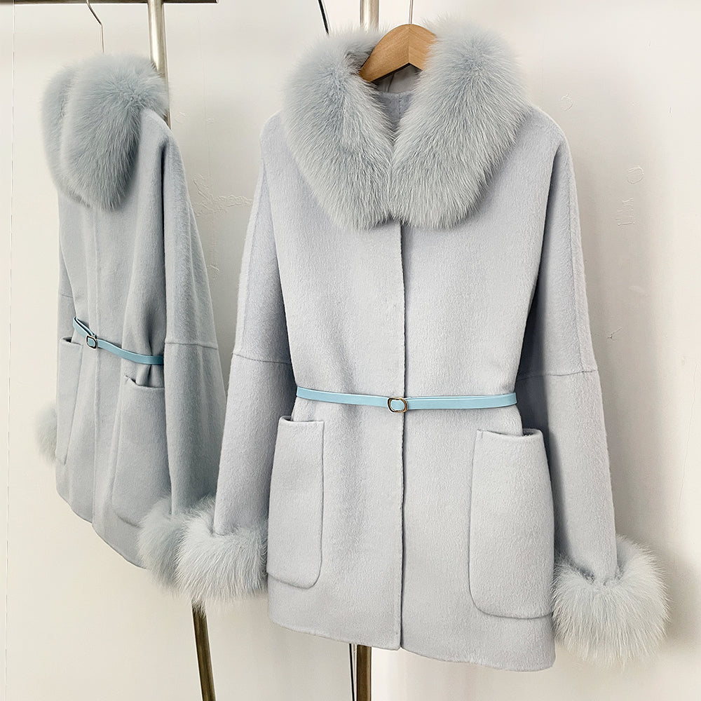 OFTBUY New Autumn Winter Belt Woolen Clothes Women Real Fox Fur Cuffs and Collar 100% Wool Coat Female Natural Fur Pocket Jacket