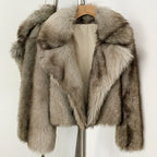 OFTBUY Luxury Oversized Lapel Faux Fur Jacket - Premium Vegan Fur Short Coat for Winter Glamour