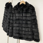 Side profile showing horizontal panels of genuine rex rabbit fur coat