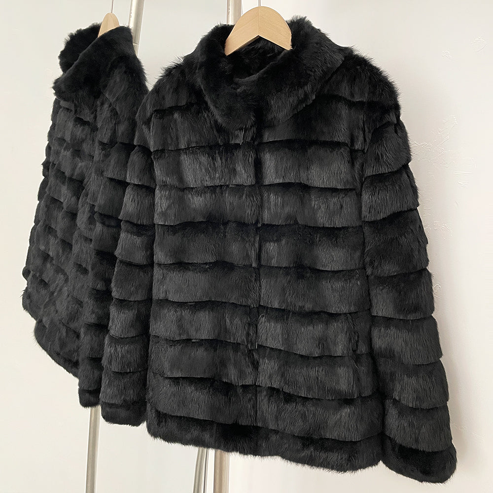 Side profile showing horizontal panels of genuine rex rabbit fur coat