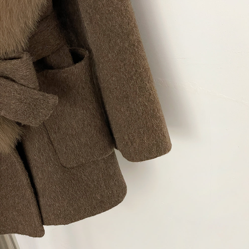OFTBUY Belt Luxury Fur Navy Collar Warm Jacket Female 100% Wool Coat with Real Fox Fur New Autumn Winter Woolen Colthes Women