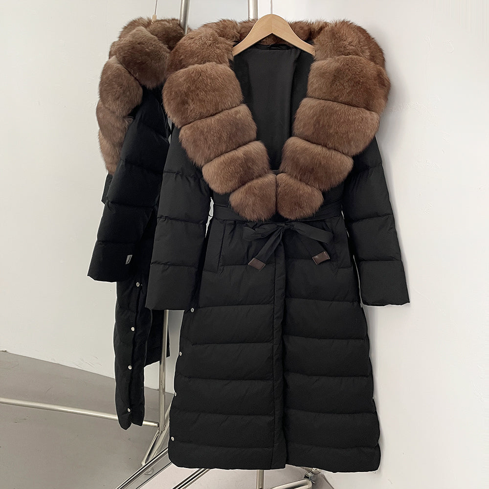 OFTBUY Hooded Winter White Duck Down Coat Large Real Fox Fur Collar X-Long Puffer Jacket Women Thick Female Parkas With Belt