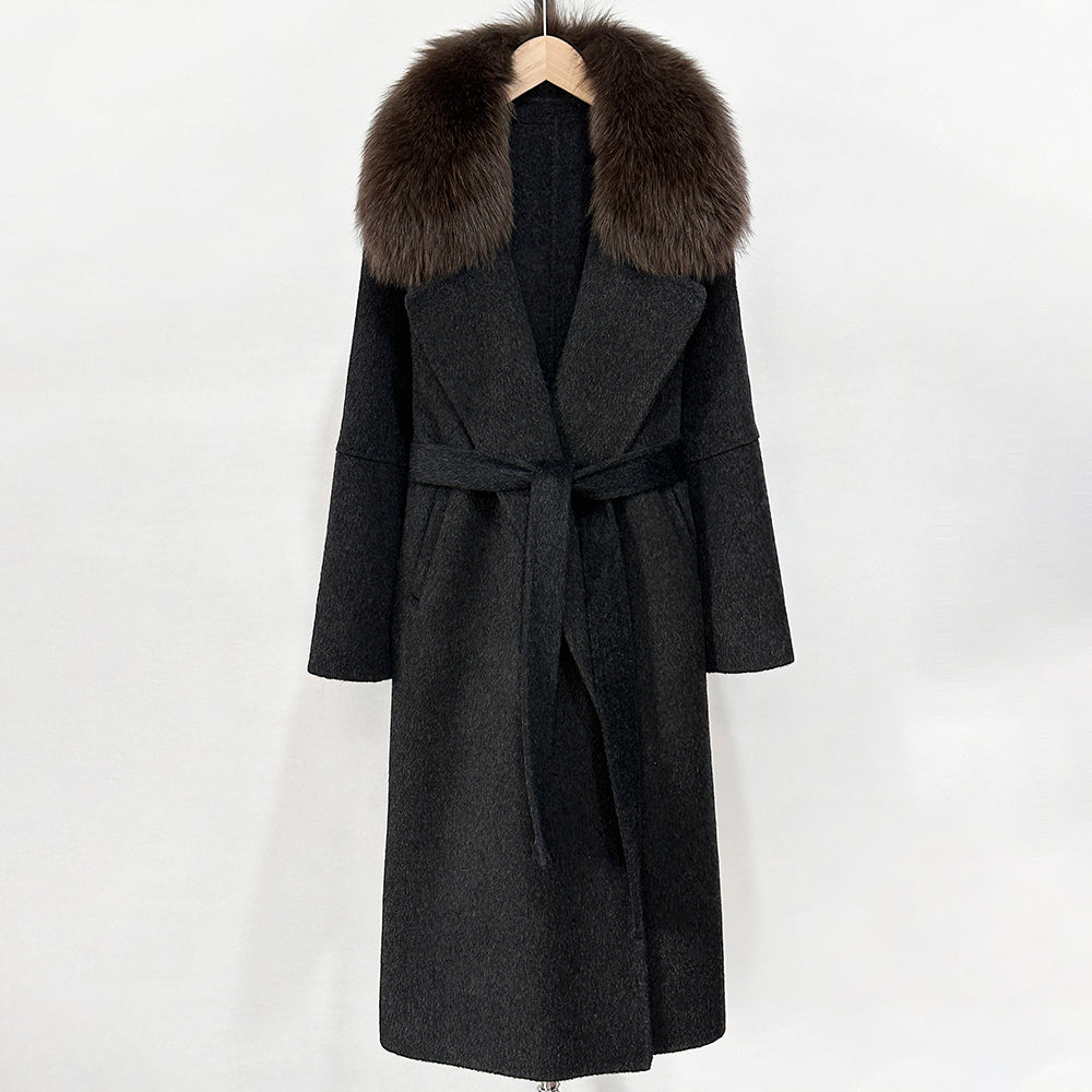 OFTBUY New Autumn Winter Long Clothing Women Fashion Warm Wool Coat with Real Fox Fur Collar Belt Elegant Woolen Jcacket Female