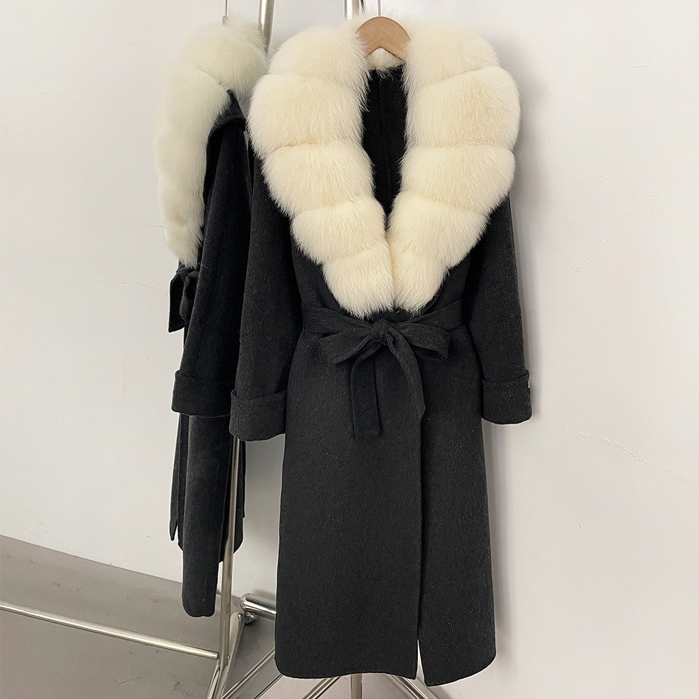 OFTBUY Belted Elegant Warm Outerwear Coat Female Women's Luxury Double-Faced Wool Jacket Winter Oversized Real Fox Fur Collar