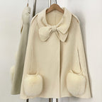 OFTBUY  New Women's Wool Cape Coat with Large Bow Detail Real Fox Fur Pockets Button Closure Winter Elegant Fashion Outerwear