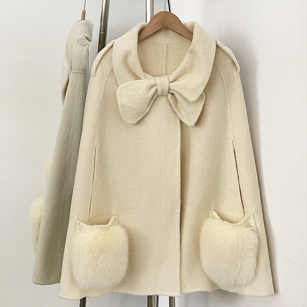 OFTBUY  New Women's Wool Cape Coat with Large Bow Detail Real Fox Fur Pockets Button Closure Winter Elegant Fashion Outerwear