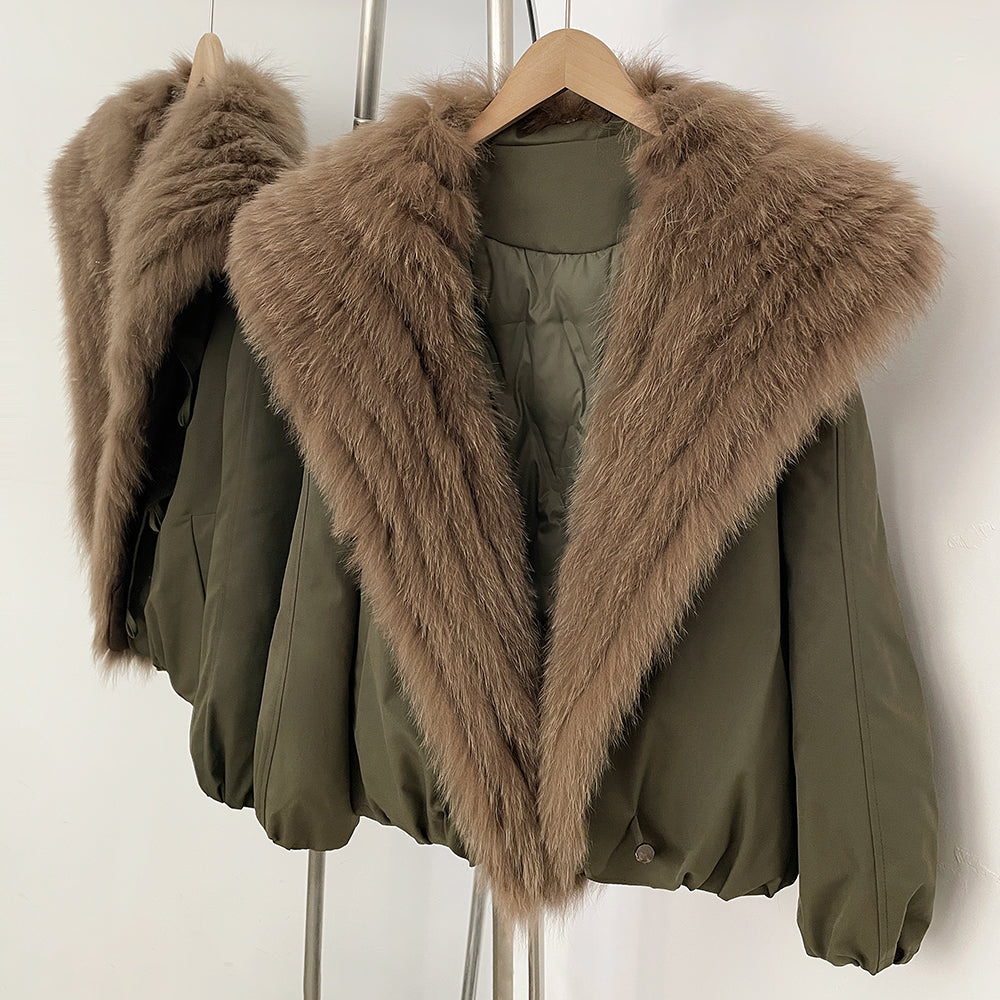 OFTBUY Luxury Oversized Real Fox Fur Collar Duck Down Cropped Jacket - 90% Duck Down Fill Winter Puffer Coat