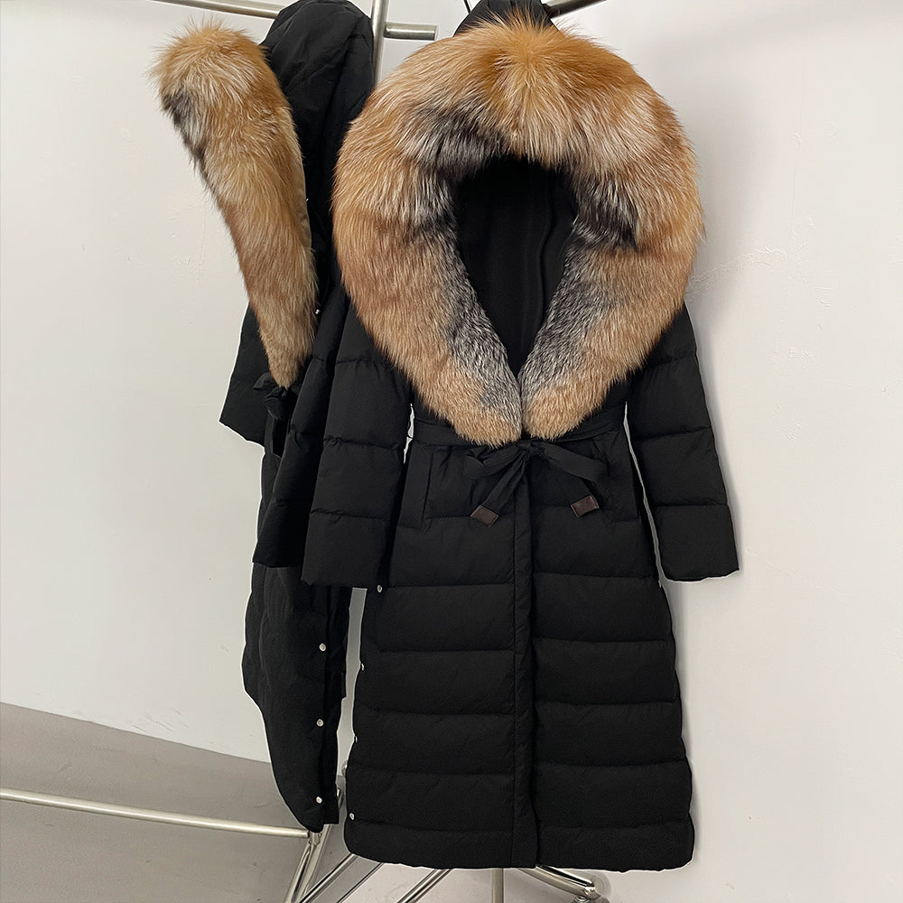 OFTBUY Hooded Winter White Duck Down Coat Large Real Fox Fur Collar X-Long Puffer Jacket Women Thick Female Parkas With Belt