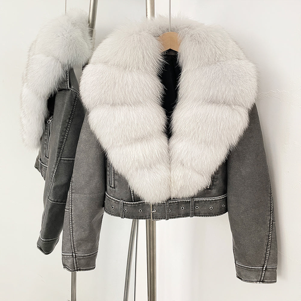 OFTBUY Natural Fox Fur Faux Leather Jacket Female New Autumn Short Top Clothing Women Long Sleeve Fake Leather Real Fur Coat