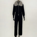 OFTBUY Winter New Women's Knitted Tracksuit Set with Fox Fur Collar Zipper Jacket Wide Leg Pants Luxury Casual Two-Piece Outfit