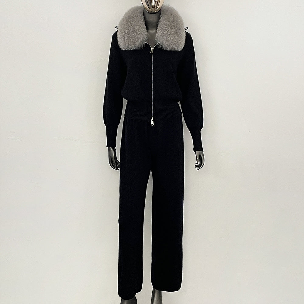 OFTBUY Winter New Women's Knitted Tracksuit Set with Fox Fur Collar Zipper Jacket Wide Leg Pants Luxury Casual Two-Piece Outfit