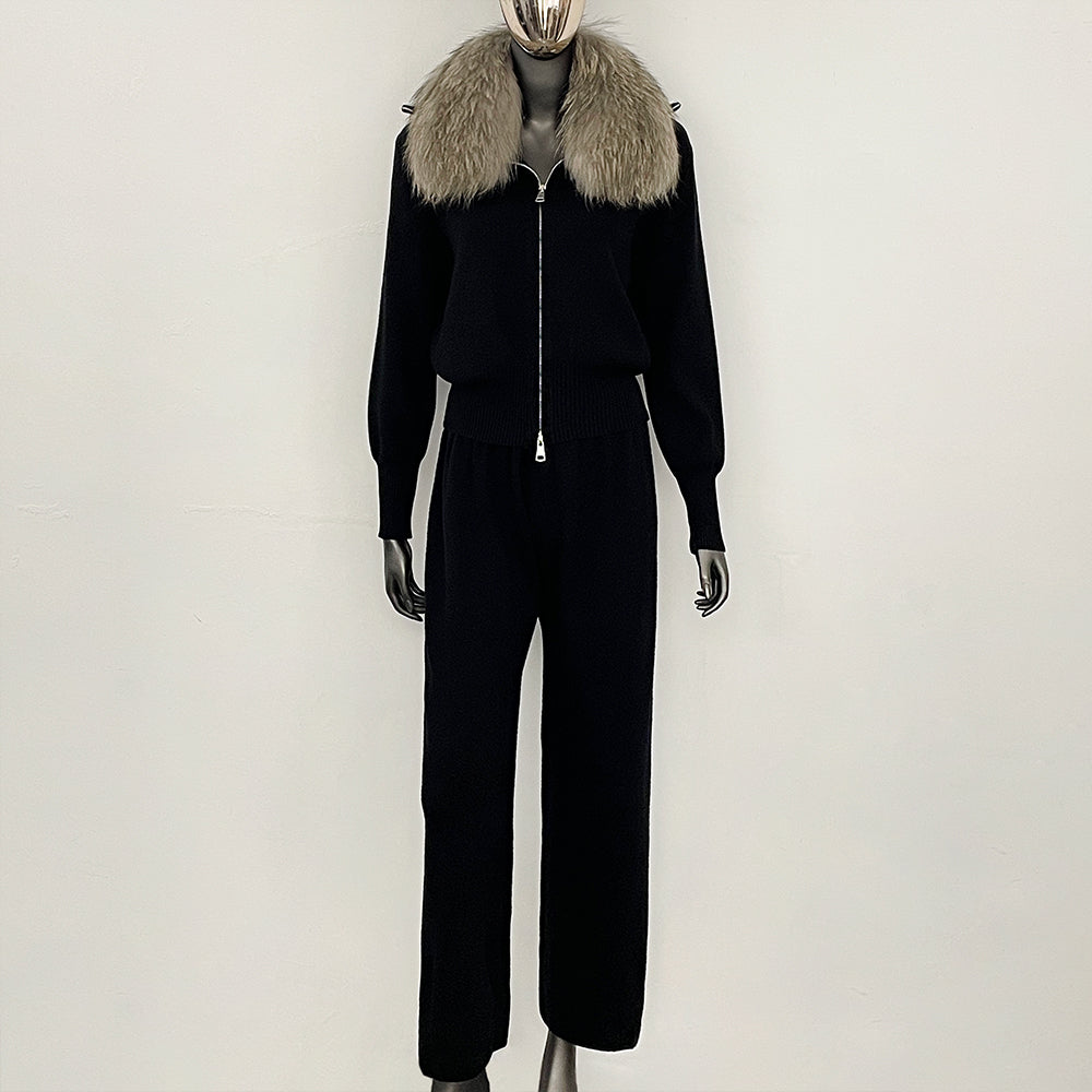 OFTBUY Winter New Women's Knitted Tracksuit Set with Fox Fur Collar Zipper Jacket Wide Leg Pants Luxury Casual Two-Piece Outfit