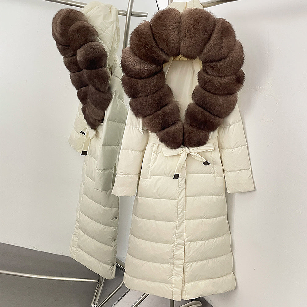OFTBUY Hooded Winter White Duck Down Coat Large Real Fox Fur Collar X-Long Puffer Jacket Women Thick Female Parkas With Belt