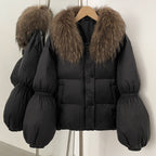 OFTBUY New Winter Loose Top Clothes Women Real Fox Fur Fluffy Puffer Jacket Female Lantern Sleeves Natural Fur Collar Down Coat