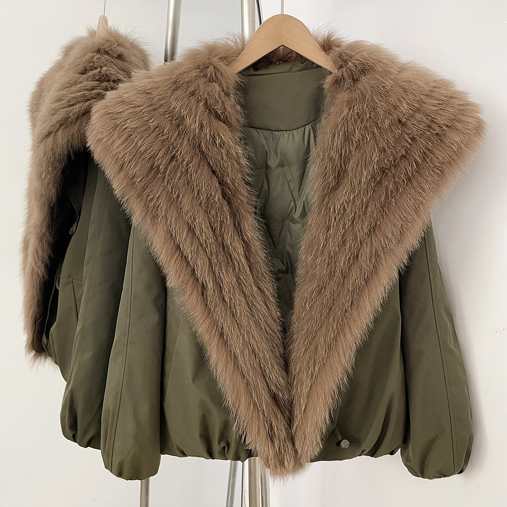 OFTBUY Luxury Oversized Real Fox Fur Collar Duck Down Cropped Jacket - 90% Duck Down Fill Winter Puffer Coat