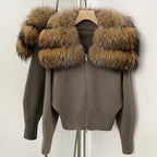 OFTBUY Women's Real Fox Raccoon Fur Collar Knit Zip Up Cardigan Ribbed Hem Warm Winter Sweater Jacket Female Luxury Outerwear