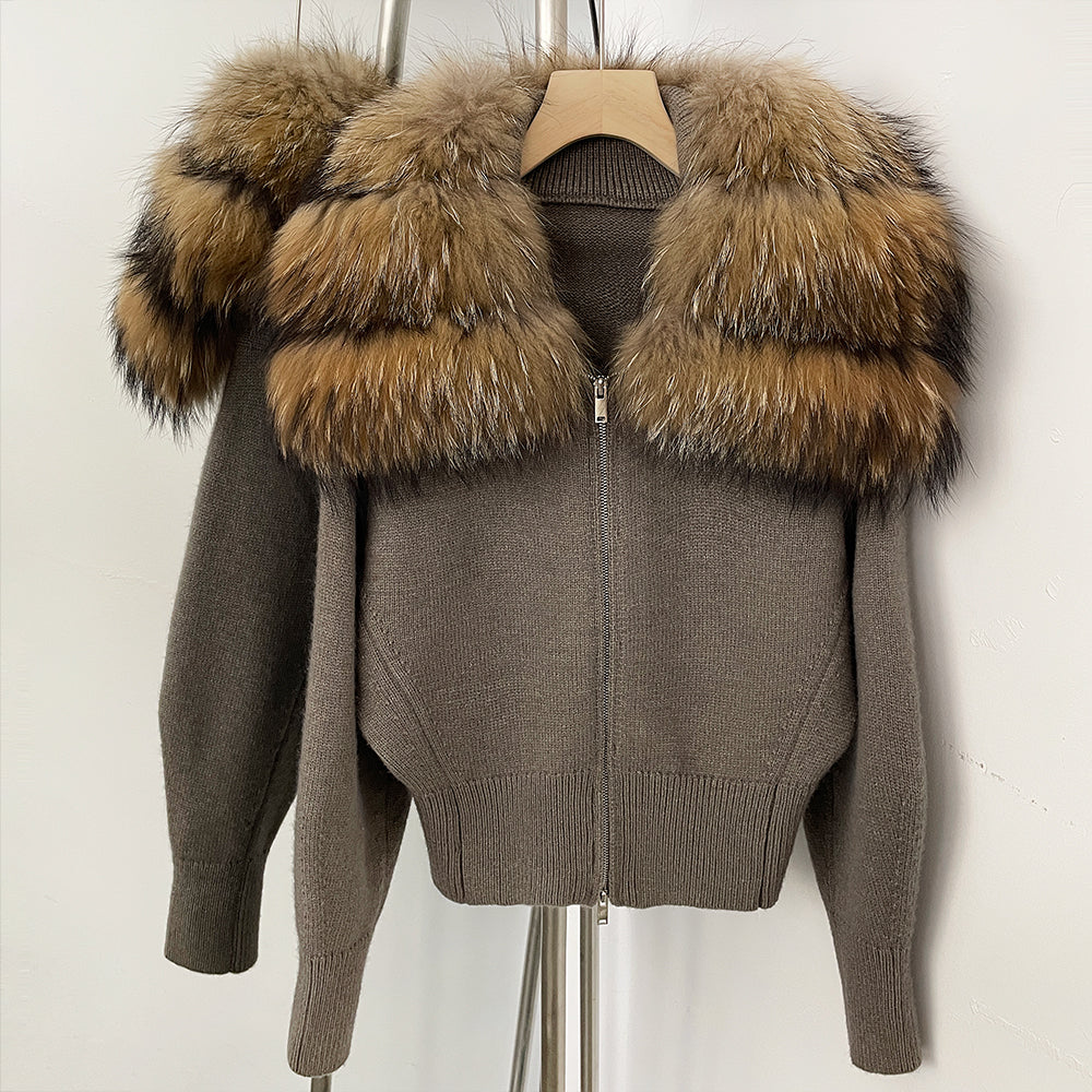 OFTBUY Women's Real Fox Raccoon Fur Collar Knit Zip Up Cardigan Ribbed Hem Warm Winter Sweater Jacket Female Luxury Outerwear