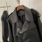 OFTBUY Fashion Outerwear Fake Leather Coat Female New Women's Cropped Faux Leather Jacket Lapel Collar Belted Loose Streetwear