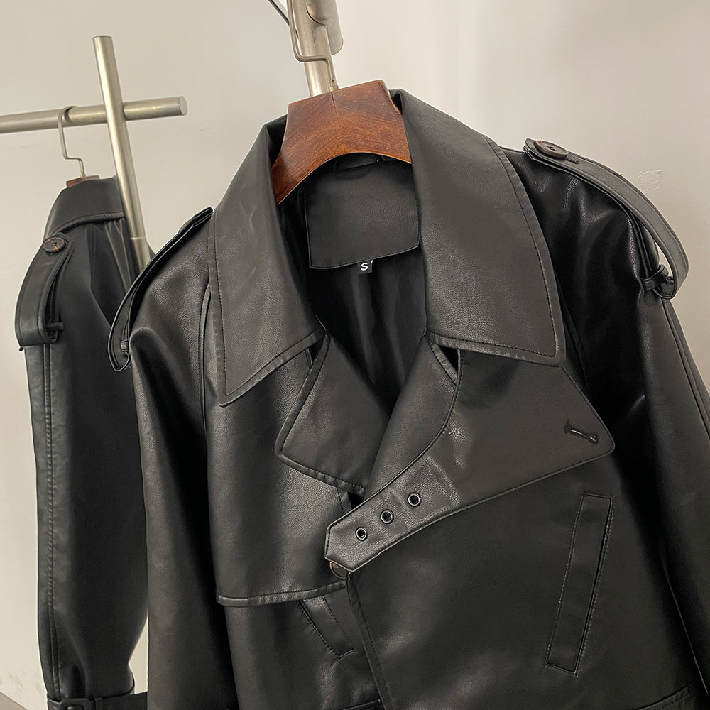 OFTBUY Fashion Outerwear Fake Leather Coat Female New Women's Cropped Faux Leather Jacket Lapel Collar Belted Loose Streetwear