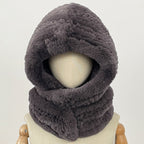 OFTBUY New Winter Cute Windproof Real Fur Cycling Cap with Muffler Female Thick Warm Natural Rabbit Fur Bomber Hat Scarf Women