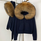 OFTBUY New Women's Beige Knit Hoodie with Large Real Fox Fur Trim Zipper Pockets Warm Winter Fashion Casual Outerwear Lady