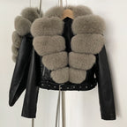 OFTBUY Natural Fox Fur Faux Leather Jacket Female New Autumn Short Top Clothing Women Long Sleeve Fake Leather Real Fur Coat