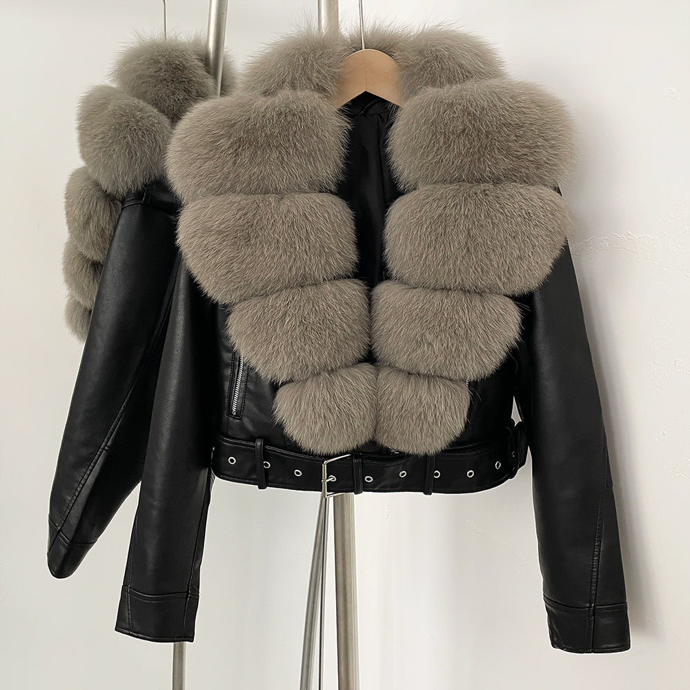 OFTBUY Natural Fox Fur Faux Leather Jacket Female New Autumn Short Top Clothing Women Long Sleeve Fake Leather Real Fur Coat