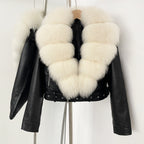 OFTBUY Natural Fox Fur Faux Leather Jacket Female New Autumn Short Top Clothing Women Long Sleeve Fake Leather Real Fur Coat