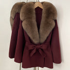 OFTBUY Belted Warm Winter Elegant Fashion Outerwear Lady New Women's Double-Faced Wool Coat with Large Real Fox Fur Collar Cuffs