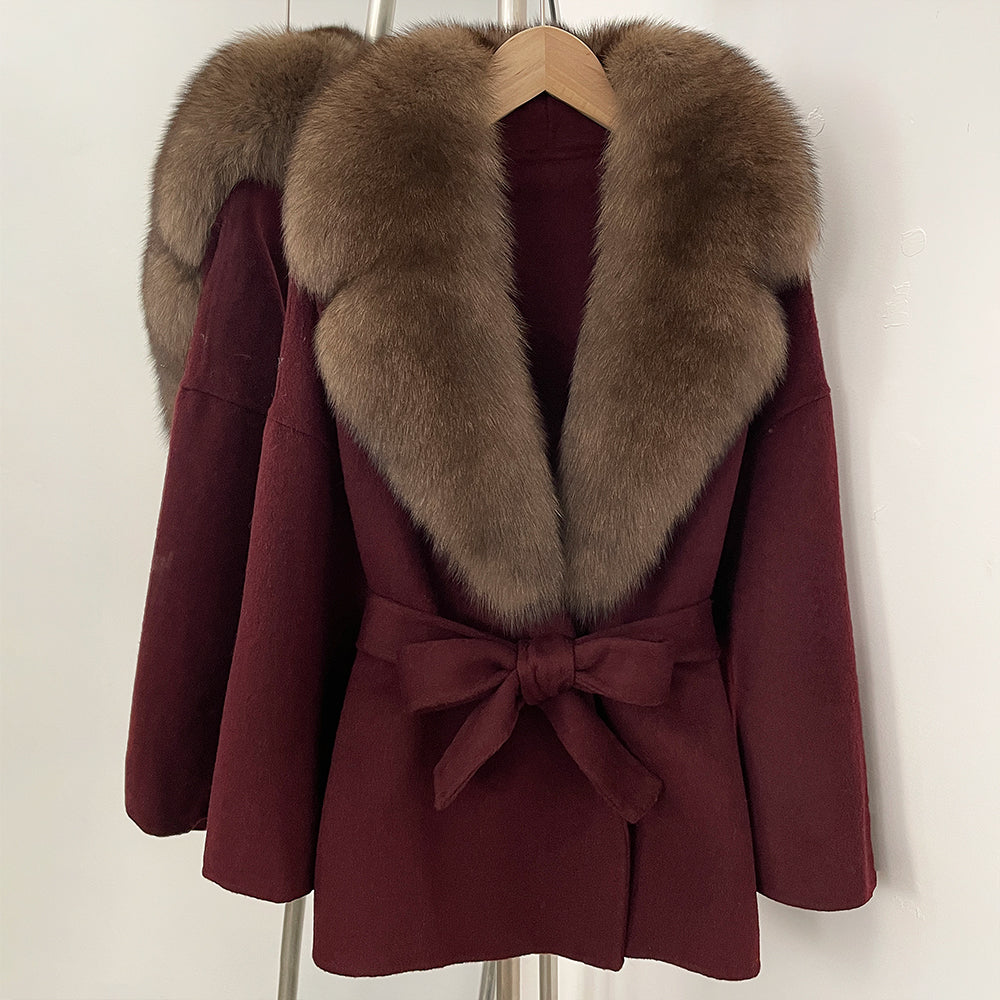 OFTBUY Belted Warm Winter Elegant Fashion Outerwear Lady New Women's Double-Faced Wool Coat with Large Real Fox Fur Collar Cuffs