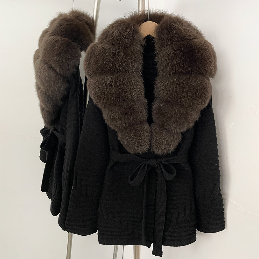 OFTBUY New Women's Knit Coat with Large Real Fox Fur Collar Belted Waist Striped Texture Pockets Winter Luxury Elegant Outerwear