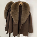 OFTBUY Belted Warm Winter Elegant Fashion Outerwear Lady New Women's Double-Faced Wool Coat with Large Real Fox Fur Collar Cuffs