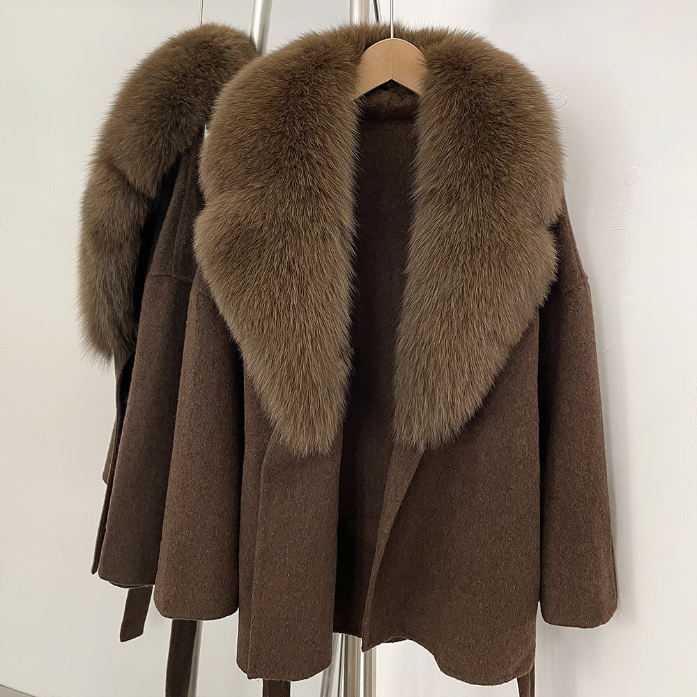OFTBUY Belted Warm Winter Elegant Fashion Outerwear Lady New Women's Double-Faced Wool Coat with Large Real Fox Fur Collar Cuffs