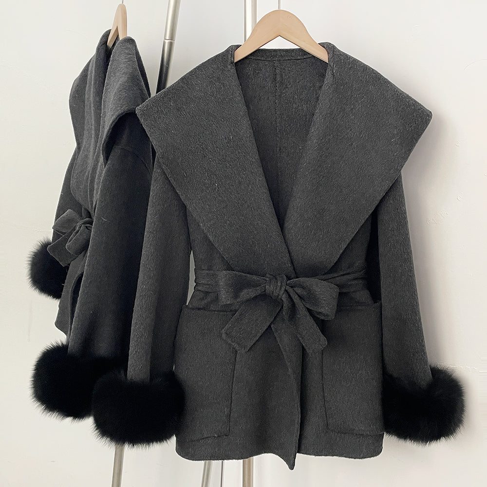 OFTBUY Pockets Elegant Warm Winter Fashion Outerwear Female New Women's Double-Faced Wool Coat Lapel Collar Belt Real Fox Fur