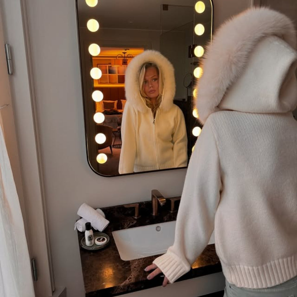 OFTBUY Luxury Knitted Zip-Up Hoodie with Oversized Real Fox Fur Hood - Premium Apres-Ski Luxe Loungewear