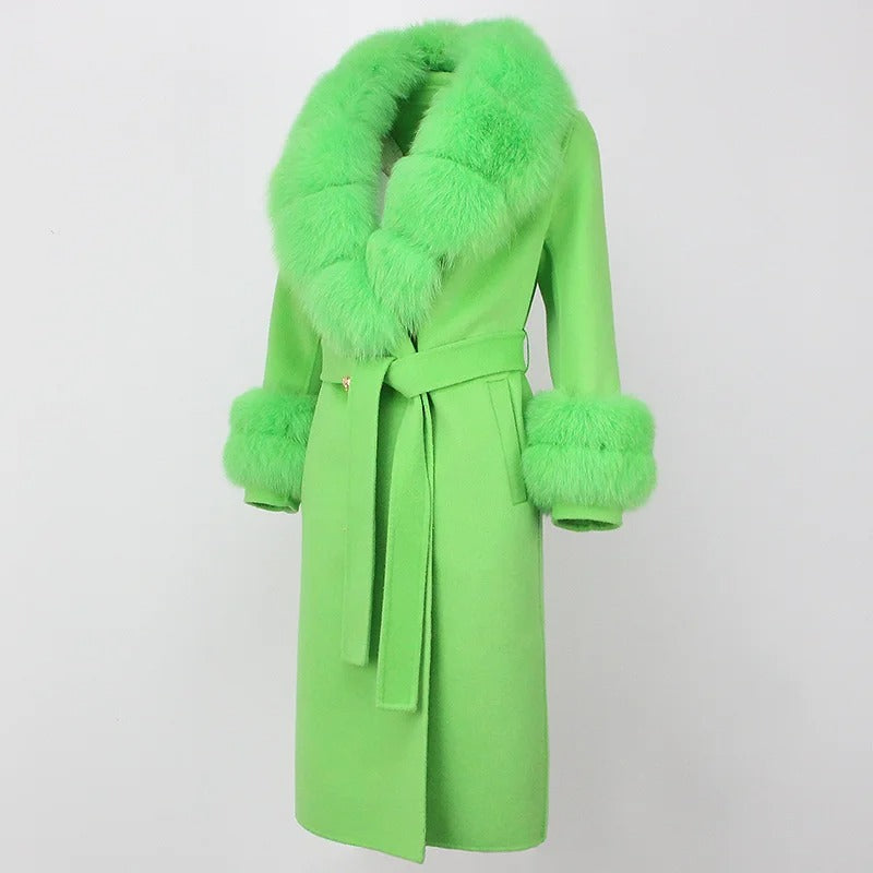 OFTBUY Winter Jacket Women Long Natural Wool Blends Cashmere Real Fur Coat Double Breasted Belt Warm Streetwear New Fashion