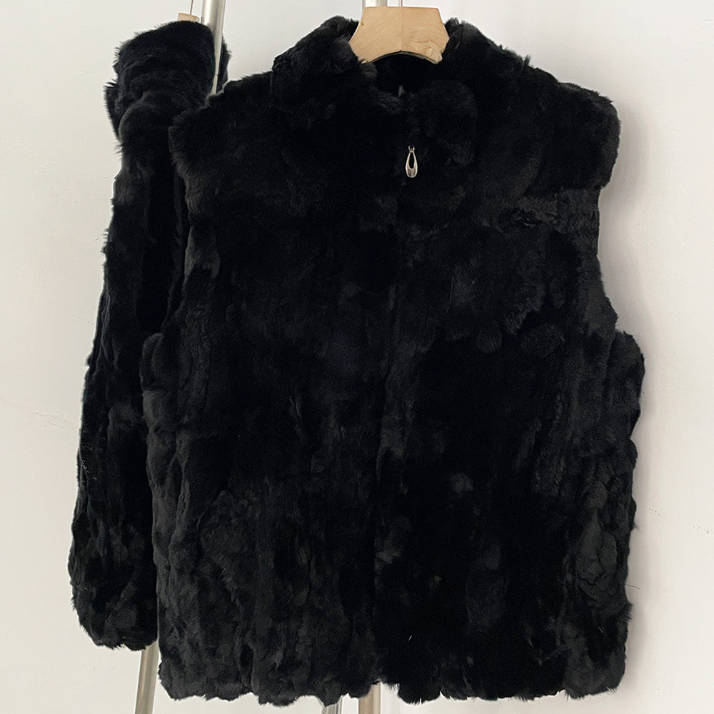 OFTBUY Women's Real Rex Rabbit Fur Hooded Coat Short Zipper Natural Fur Jacket Female New Autumn Winter Fashion Luxury Outerwear