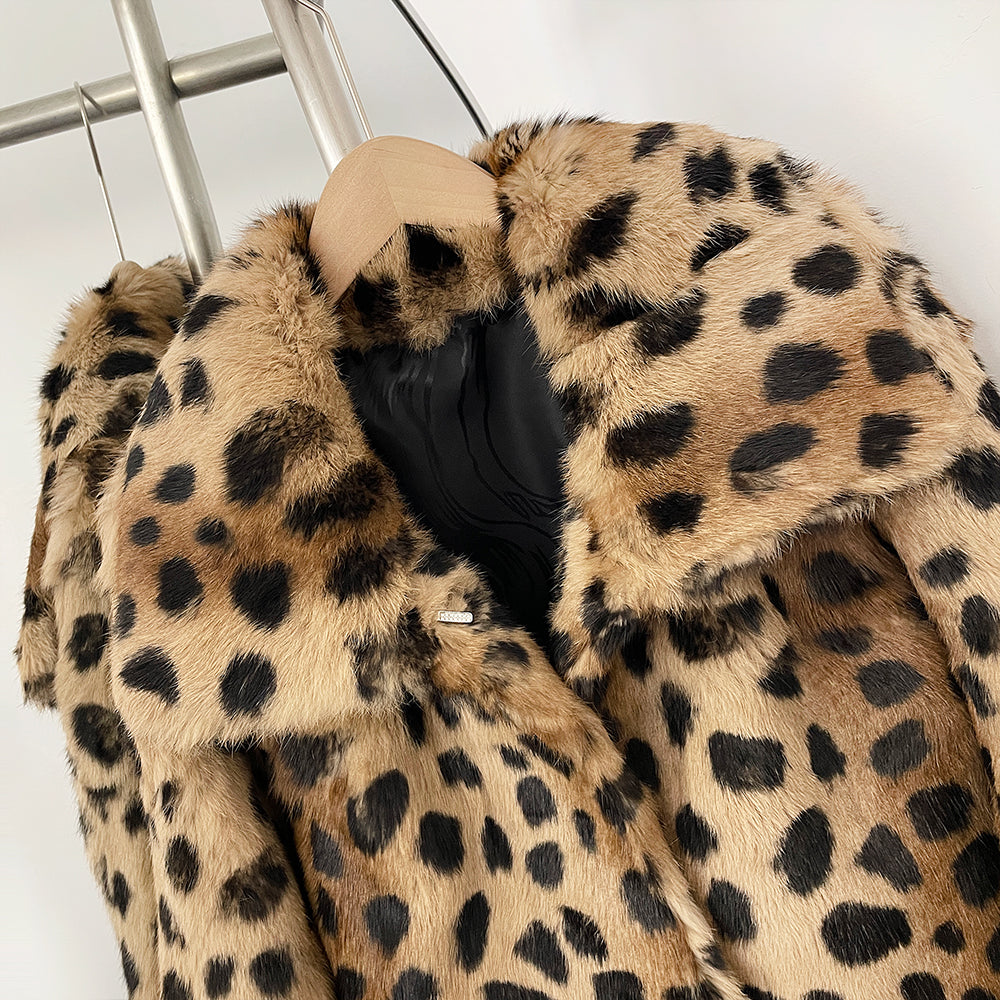 OFTBUY Luxury Leopard Print Real Rabbit Fur Cropped Jacket - Wide Notched Lapel Genuine Rabbit Fur Short Winter Coat
