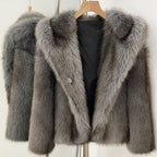 OFTBUY Luxury Hooded Faux Fur Jacket - Premium Vegan Silver Fox Style Cropped Winter Coat
