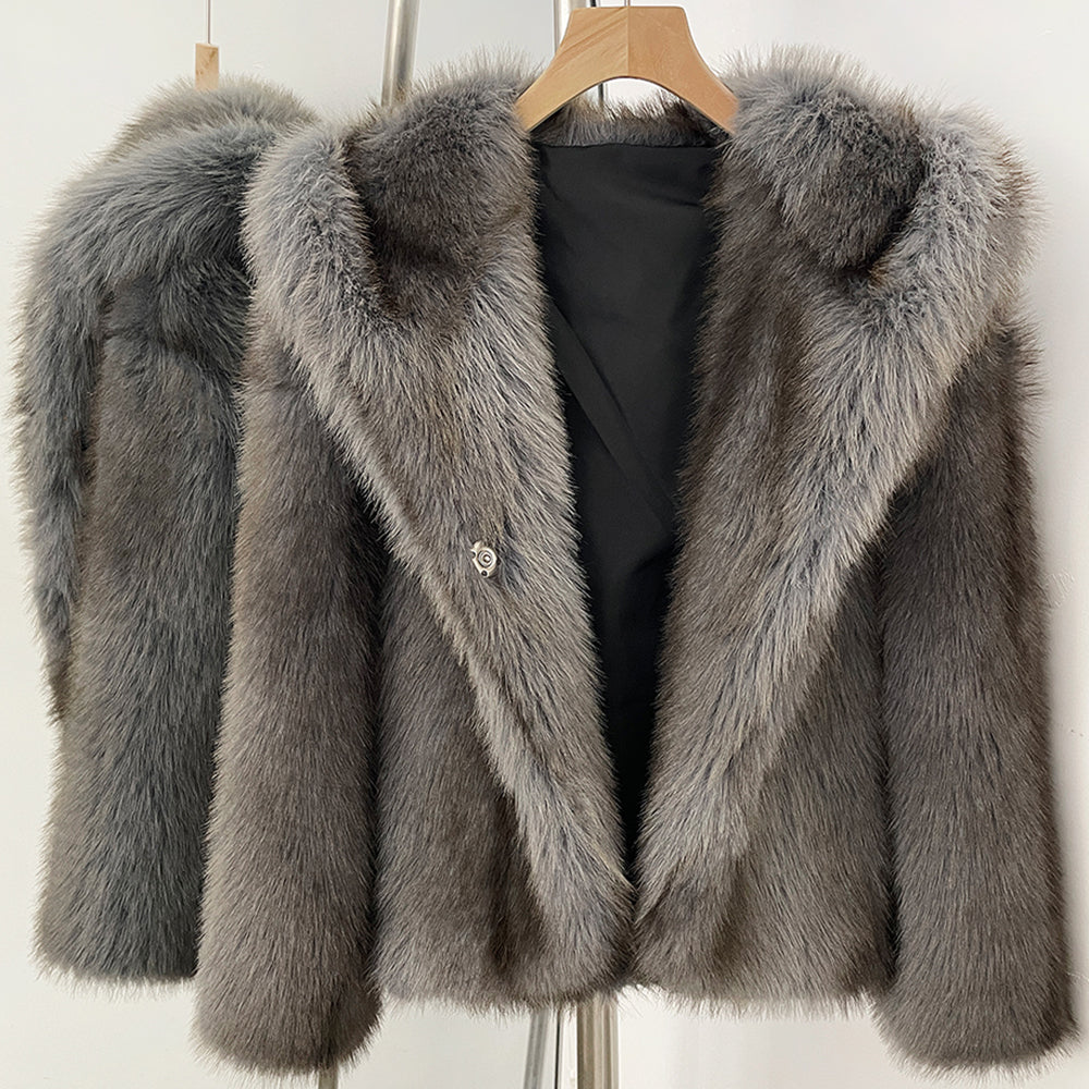 OFTBUY Luxury Hooded Faux Fur Jacket - Premium Vegan Silver Fox Style Cropped Winter Coat