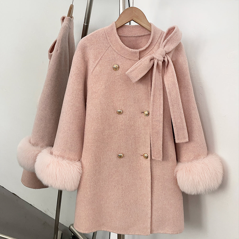 OFTBUY Bow Wool Jacket Mid-length Round Neck 100% Wool Coat Female New Autumn Winter Double-breasted Real Fox Fur Woolen Clothes