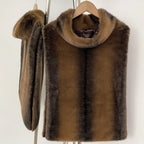 OFTBUY Luxury Belted Faux Fur Vest - Elegant Funnel Neck Vegan Fur Gilet with Vertical Stripes