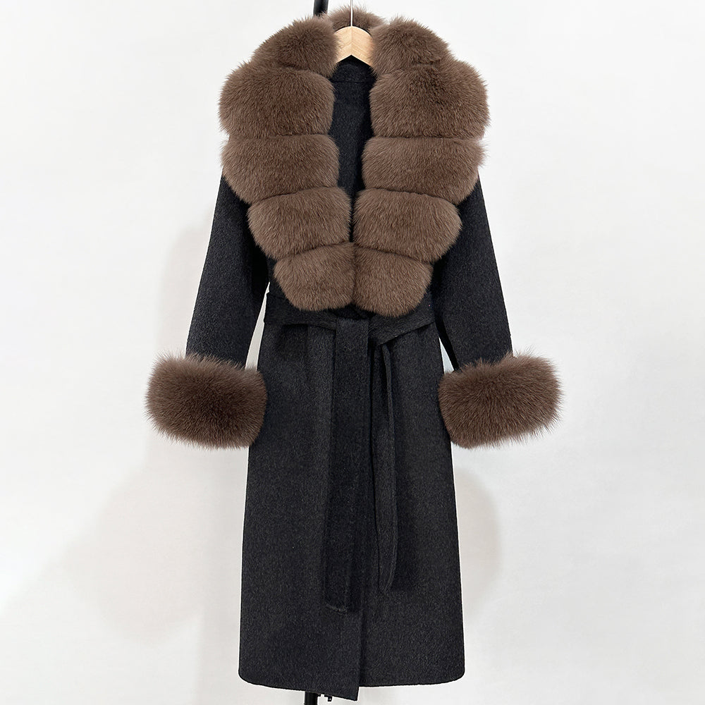 OFTBUY Fashion Warm Woolen Jacket with Real Fox Fur Collar and Cuffs New Autumn Winter Wool Clothing Women Long Belt Outerwear