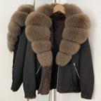 OFTBUY Luxury Real Fox Fur Collar Parka - Premium Real Rabbit Fur Lined Bomber Jacket for Extreme Cold