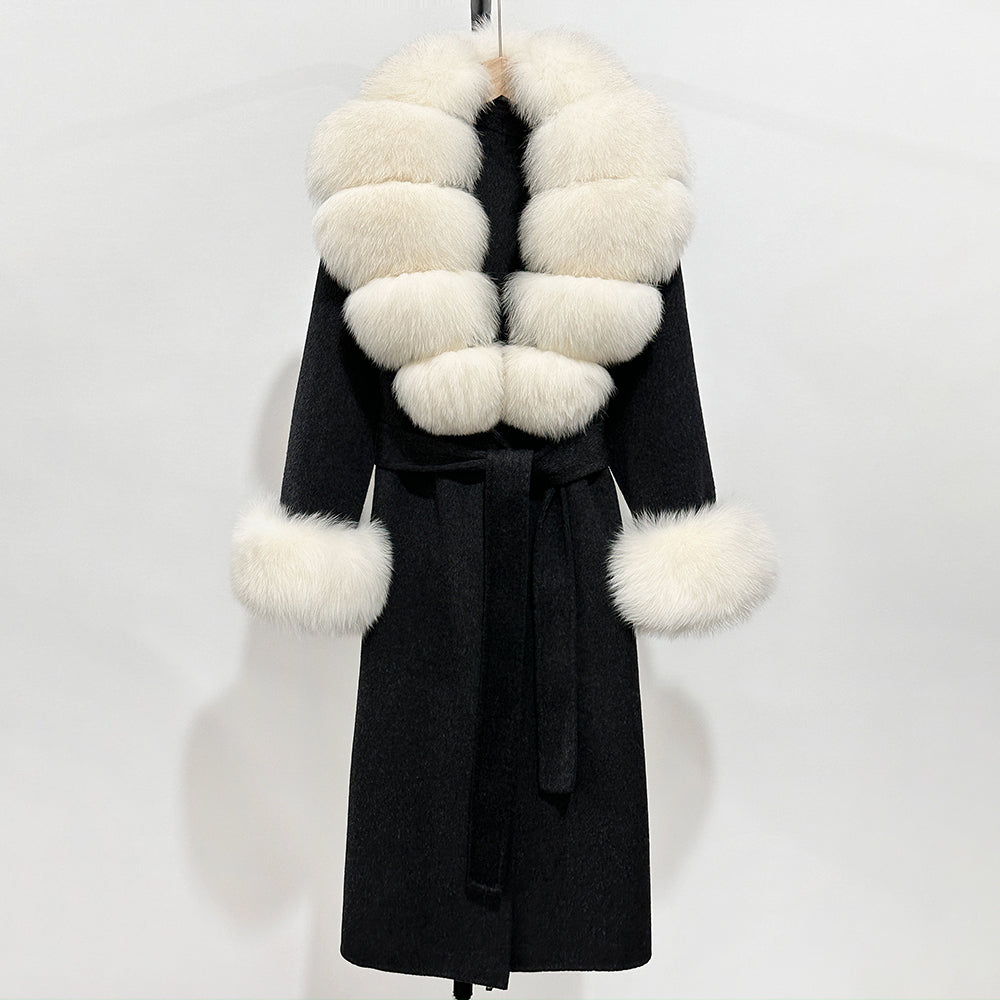 OFTBUY Fashion Warm Woolen Jacket with Real Fox Fur Collar and Cuffs New Autumn Winter Wool Clothing Women Long Belt Outerwear