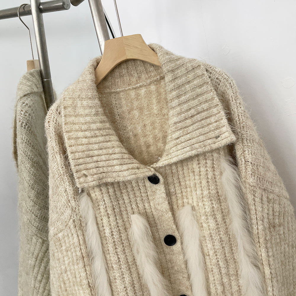 OFTBUY New Fashion Spring Autumn Loose Sweater Female Real Fox Fur Cardigan Clothing Women Button Oversized Knitted Jacket Lady
