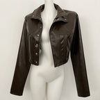 OFTBUY New Women's Faux Leather Cropped Jacket Stand Collar Asymmetric Hem Closure Streetwear Fashion Outerwear Clothing Female