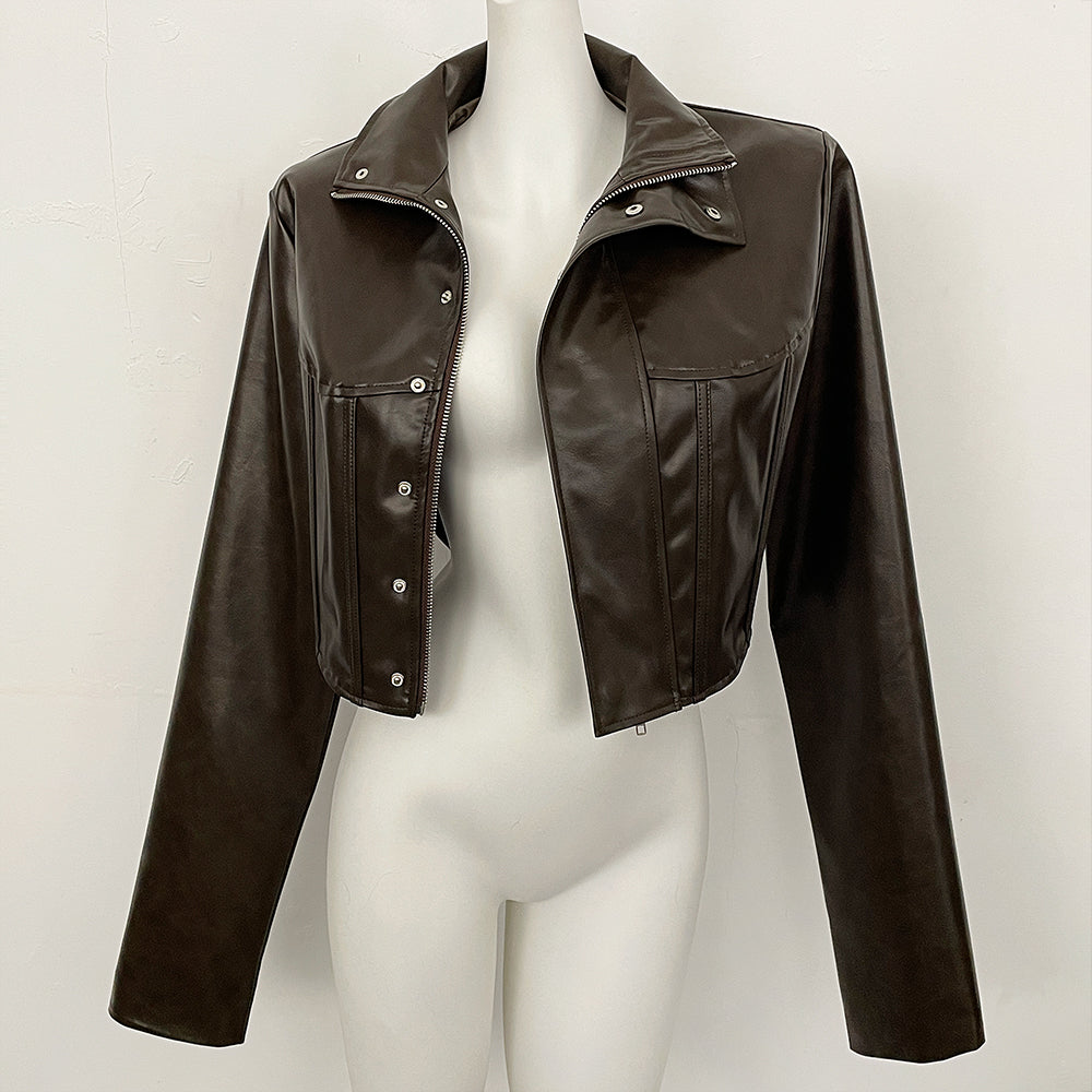 OFTBUY New Women's Faux Leather Cropped Jacket Stand Collar Asymmetric Hem Closure Streetwear Fashion Outerwear Clothing Female