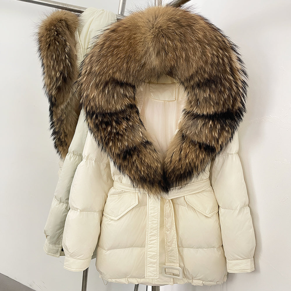 OFTBUY Thick Warm Mid-Long Puffer Coat Real Fox Fur Collar White Duck Down Coat Female Loose Warm Hooded Parkas With Belt